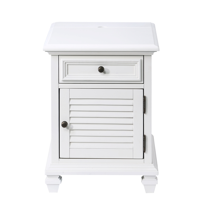 Maklaine Modern Farmhouse Soft White Wood Storage End Table with USB