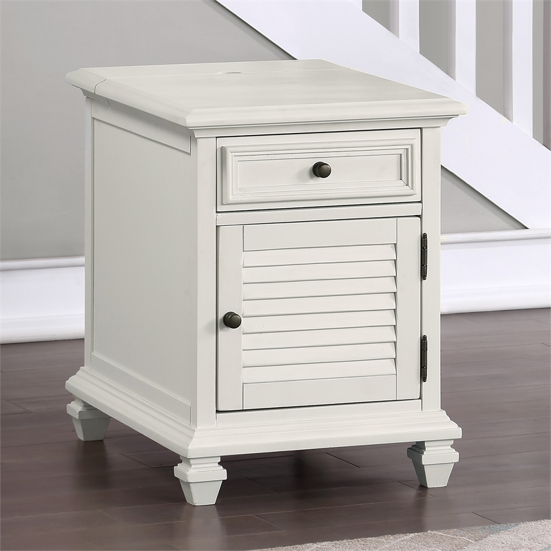 Maklaine Modern Farmhouse Soft White Wood Storage End Table with USB