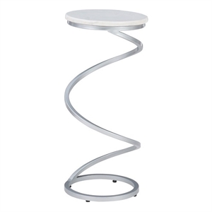 Maklaine White Marble 10.5&quot Round Drink Table with Iron Spiral Base in Silver