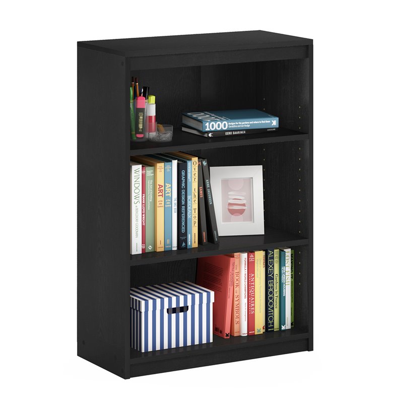 Maklaine Engineered Wood 3-Tier Adjustable Shelves Bookcase in Black
