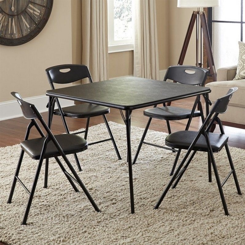 Maklaine Transitional 5 Piece Vinyl Folding Table Set in Black