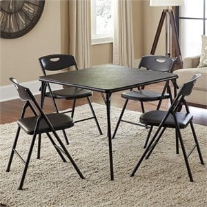 Maklaine Transitional 5 Piece Vinyl Folding Table Set in Black