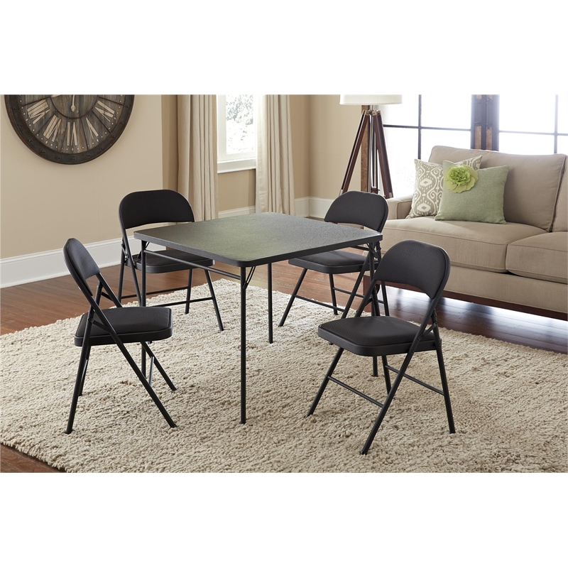 Maklaine Transitional 5 Piece Vinyl Folding Table Set in Black