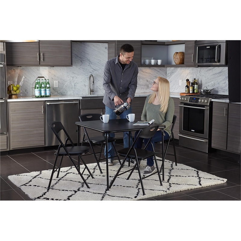 Maklaine Transitional 5 Piece Vinyl Folding Table Set in Black