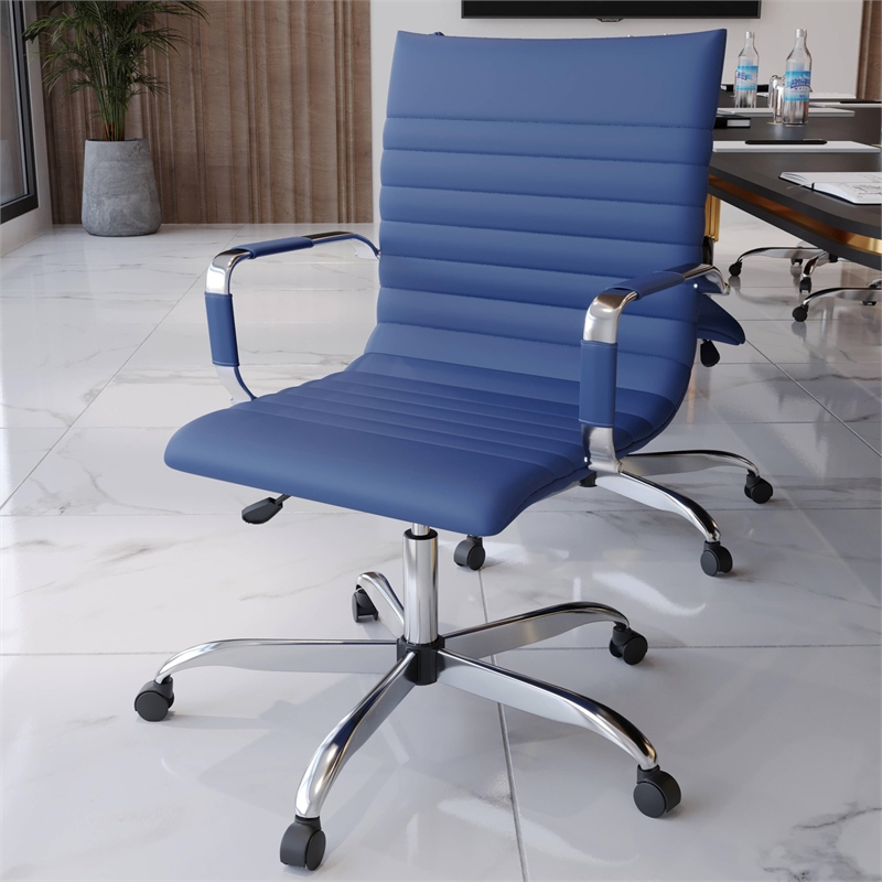 Maklaine Modern Leather Adjustable Swivel Office Chair in Navy Blue