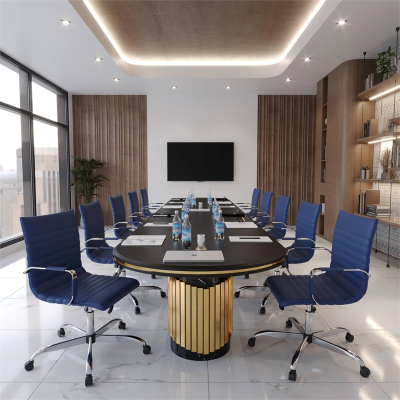 Maklaine Modern Leather Adjustable Swivel Office Chair in Navy Blue