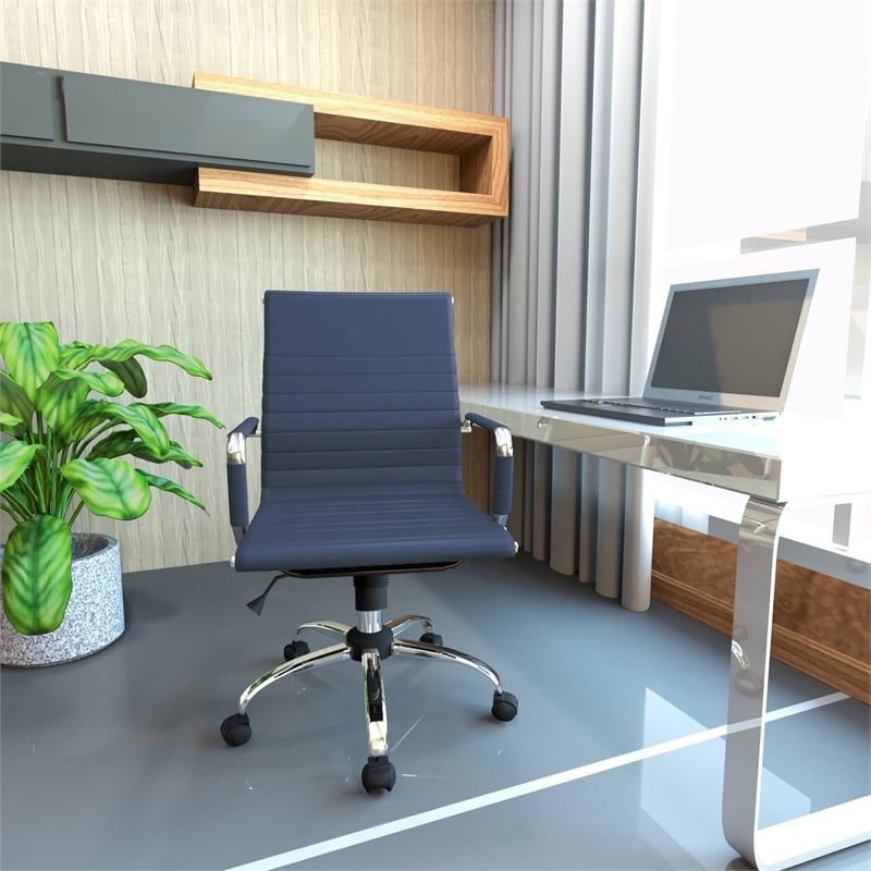 Maklaine Modern Leather Adjustable Swivel Office Chair in Navy Blue