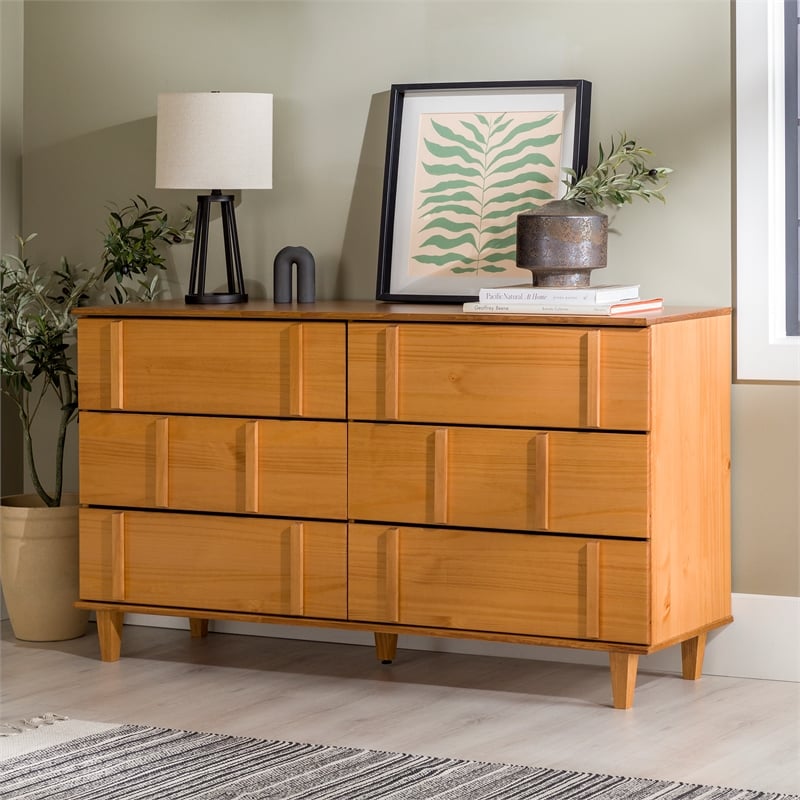 Maklaine Modern Detailed 6-Drawer Solid Wood Dresser 60 Inch Caramel