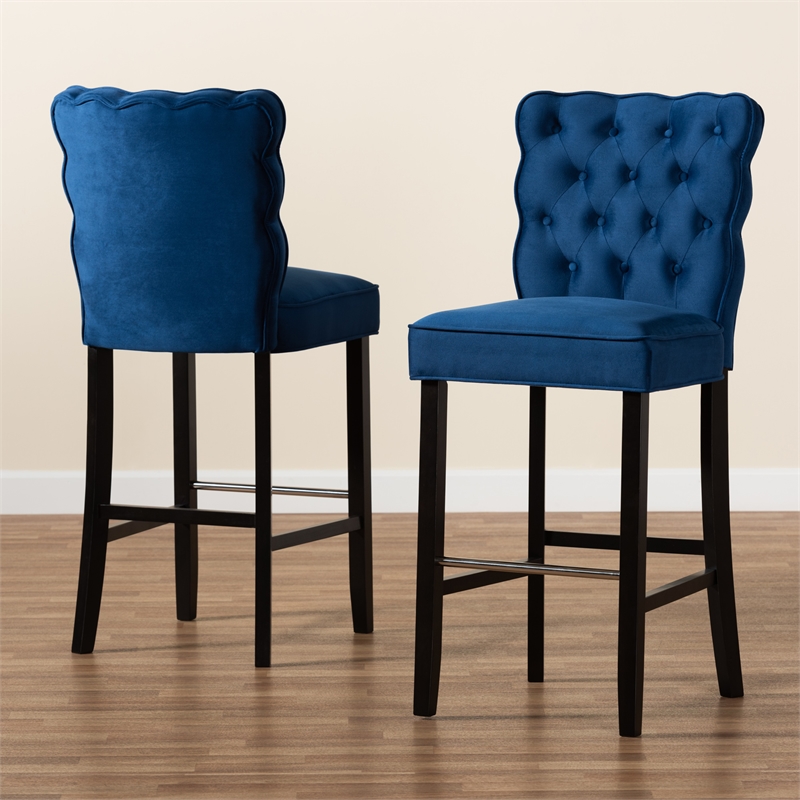 Maklaine Navy Blue Dark Brown Finished Wood 2-Piece Bar Stool Set