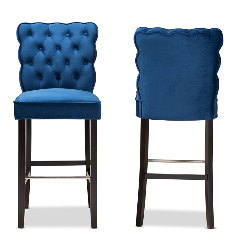 Maklaine Navy Blue Dark Brown Finished Wood 2-Piece Bar Stool Set