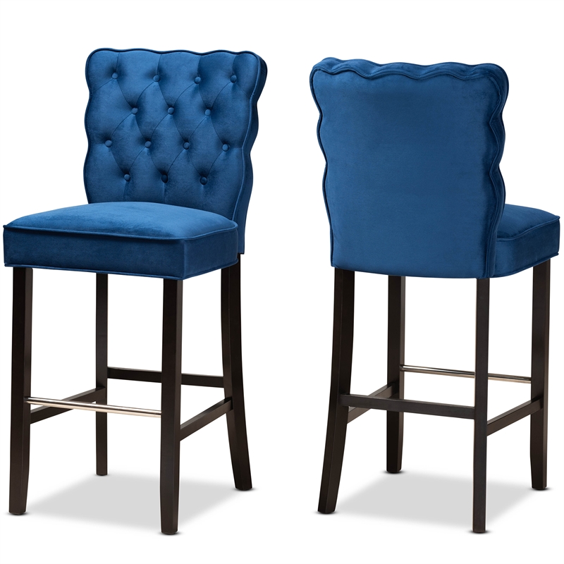 Maklaine Navy Blue Dark Brown Finished Wood 2-Piece Bar Stool Set