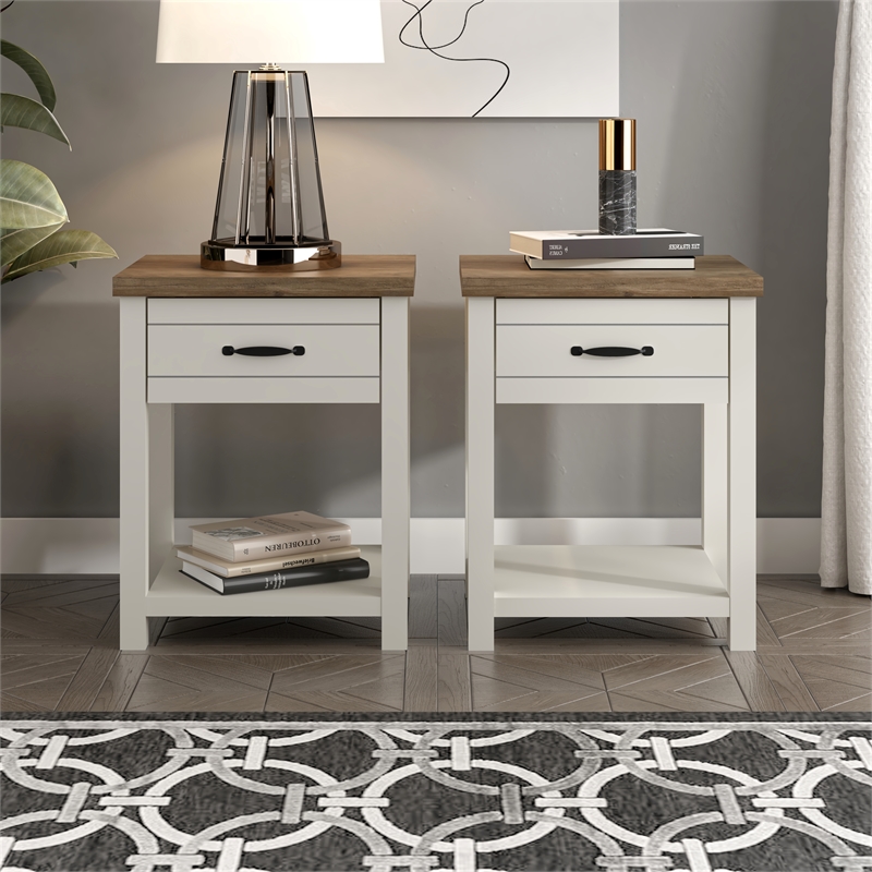 Maklaine Wood Nightstand with 1 Drawer and Shelf Set of 2 Ivory