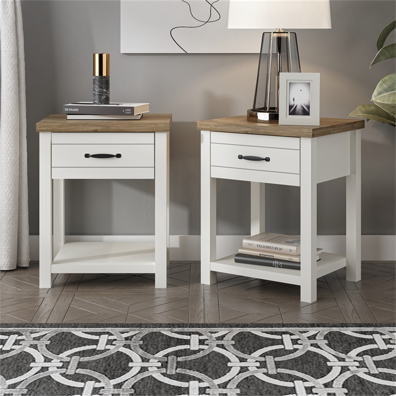 Maklaine Wood Nightstand with 1 Drawer and Shelf Set of 2 Ivory