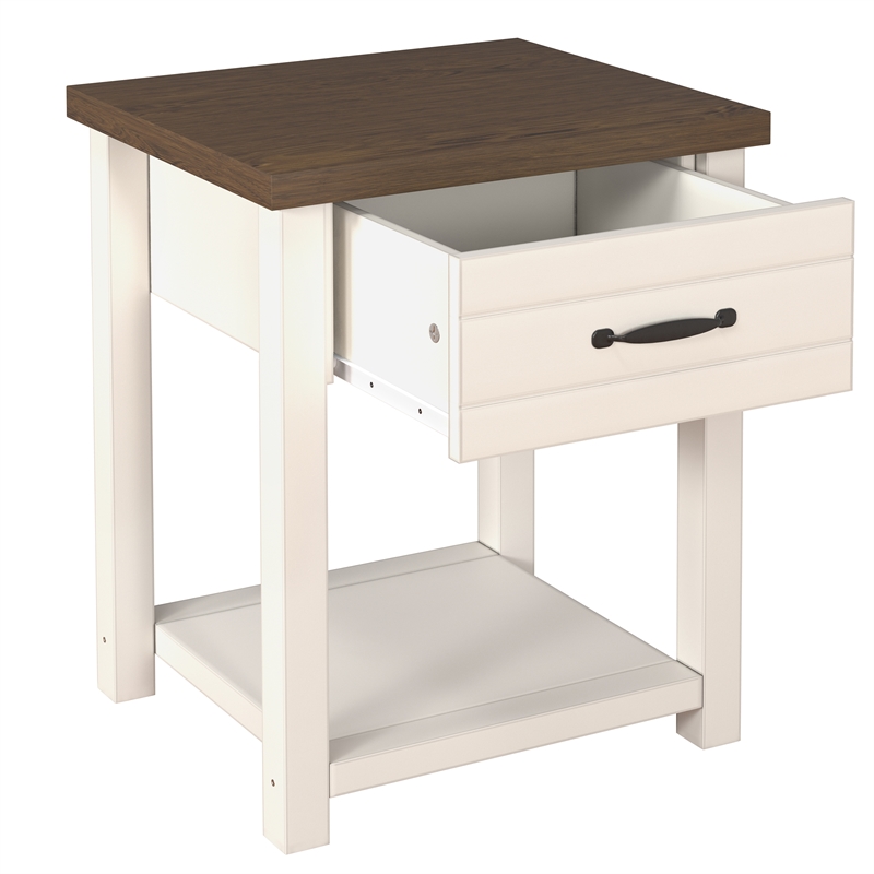 Maklaine Wood Nightstand with 1 Drawer and Shelf Set of 2 Ivory