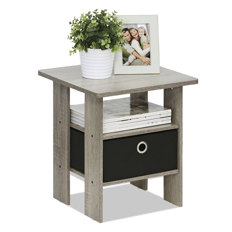 Maklaine Engineered Wood End Table with Bin Drawer in French Oak Gray