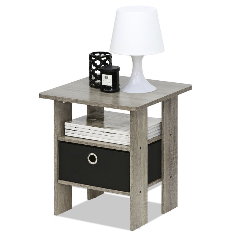 Maklaine Engineered Wood End Table with Bin Drawer in French Oak Gray