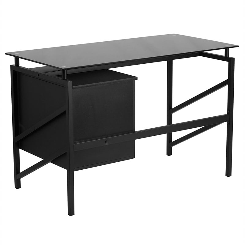 Maklaine Contemporary 2 Drawer Glass Top Home Office Desk in Black