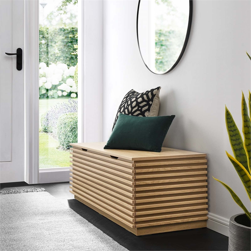 Maklaine Contemporary Particleboard and Laminate Storage Bench in Oak