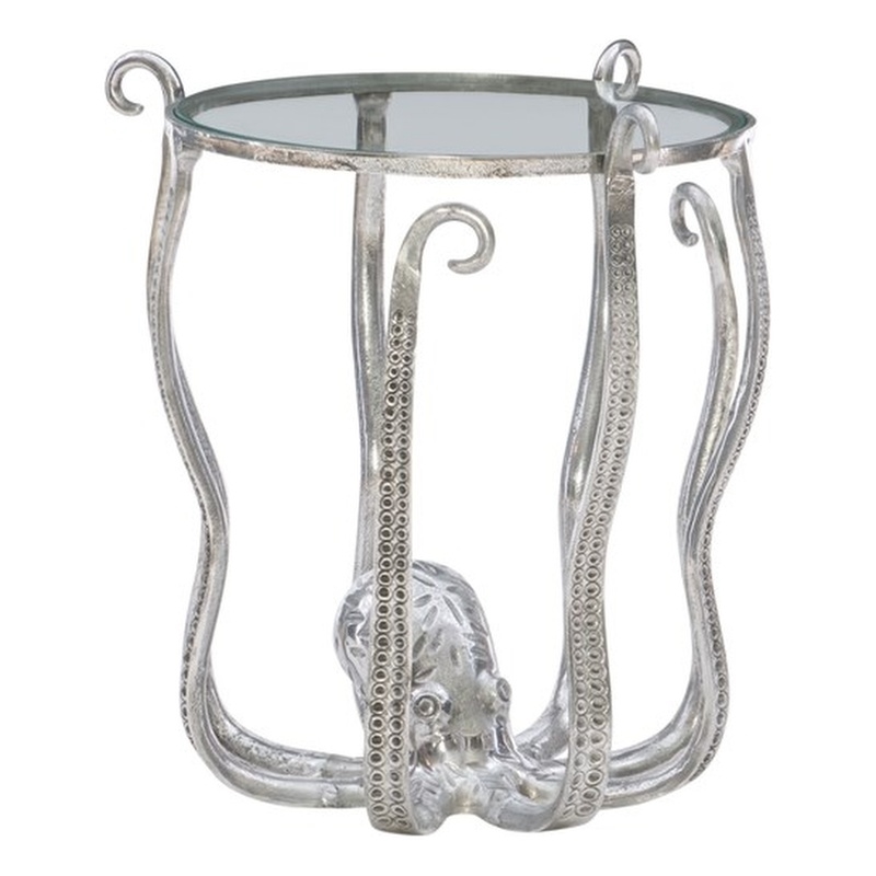 Maklaine Coastal Octopus Aluminum and Glass Table in Silver Finish