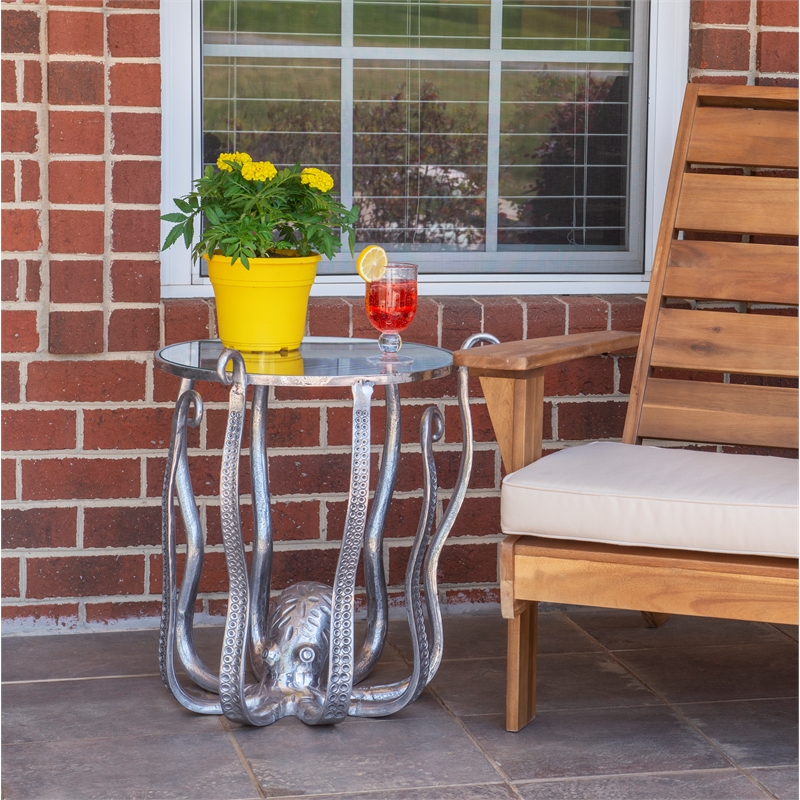 Maklaine Coastal Octopus Aluminum and Glass Table in Silver Finish