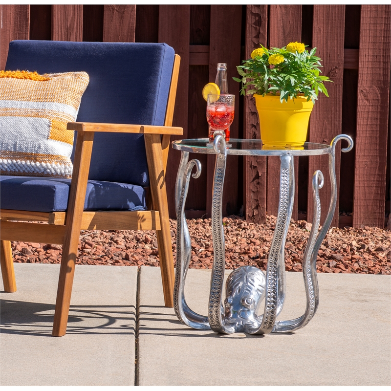 Maklaine Coastal Octopus Aluminum and Glass Table in Silver Finish