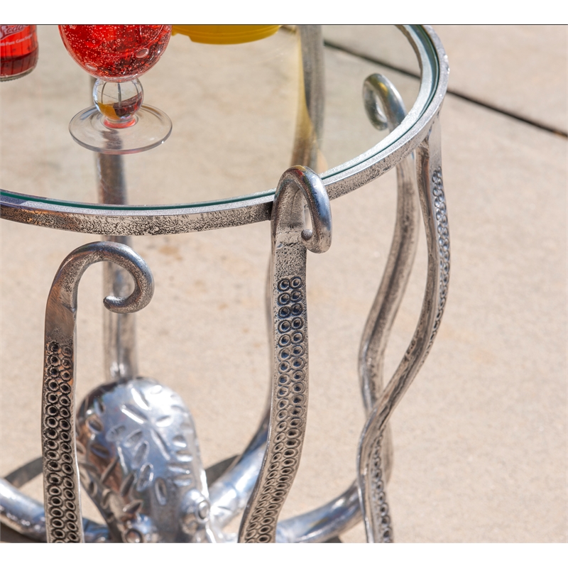 Maklaine Coastal Octopus Aluminum and Glass Table in Silver Finish
