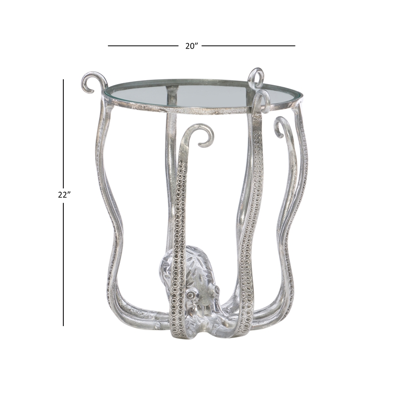 Maklaine Coastal Octopus Aluminum and Glass Table in Silver Finish