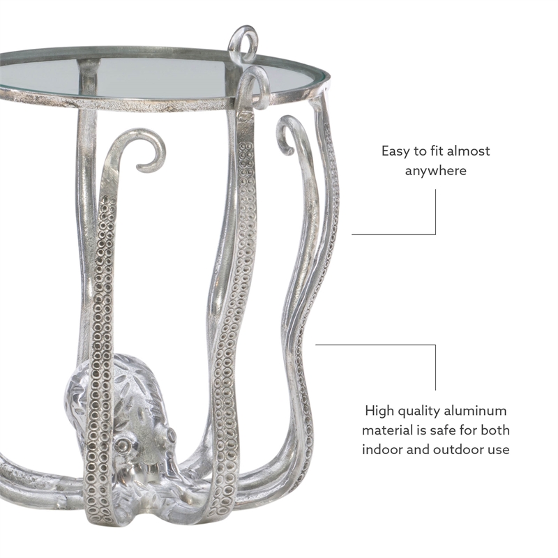 Maklaine Coastal Octopus Aluminum and Glass Table in Silver Finish