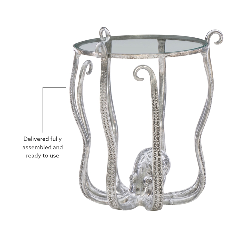 Maklaine Coastal Octopus Aluminum and Glass Table in Silver Finish