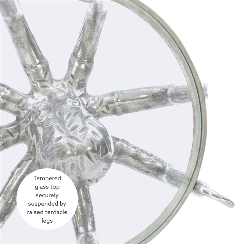 Maklaine Coastal Octopus Aluminum and Glass Table in Silver Finish