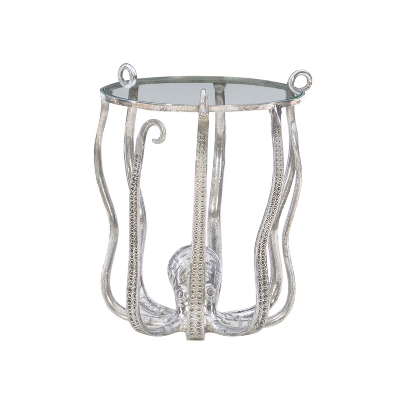 Maklaine Coastal Octopus Aluminum and Glass Table in Silver Finish