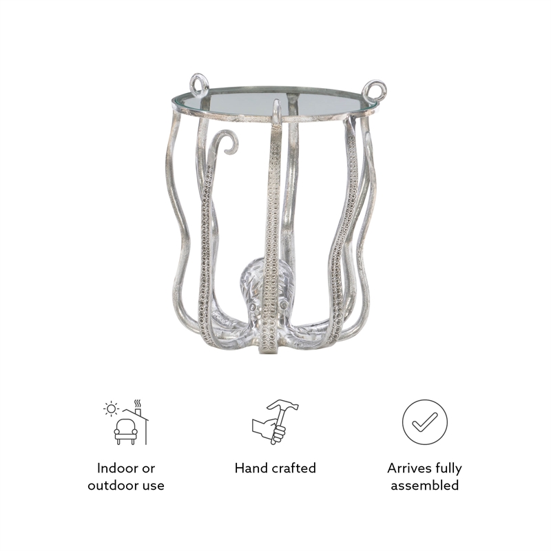 Maklaine Coastal Octopus Aluminum and Glass Table in Silver Finish