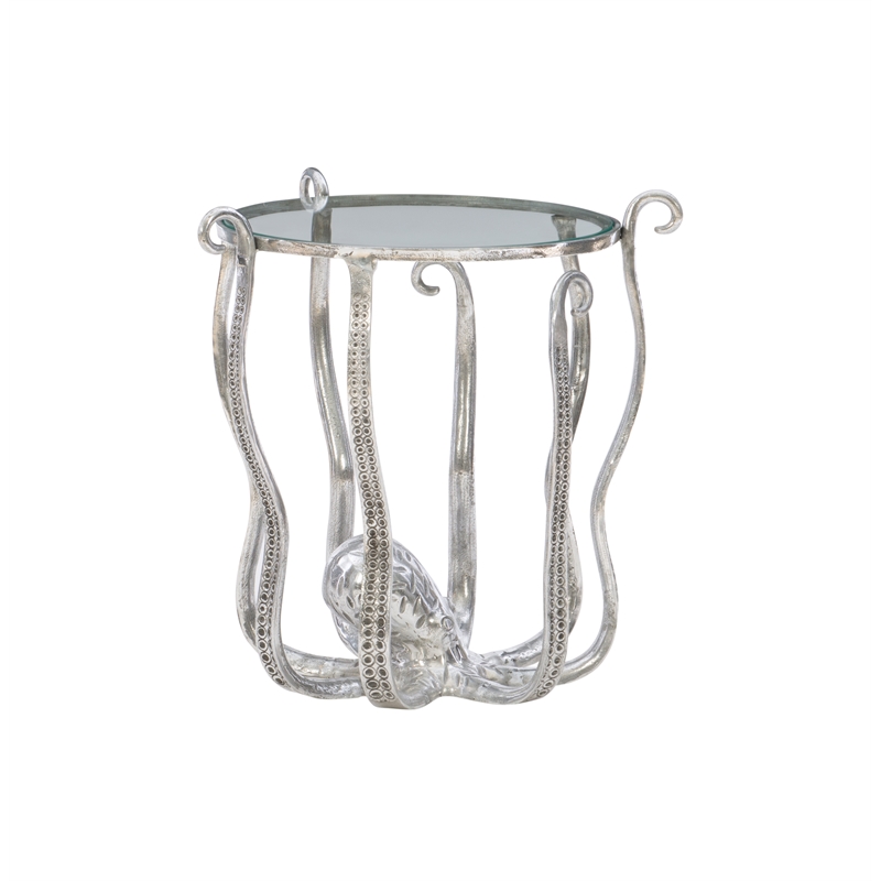 Maklaine Coastal Octopus Aluminum and Glass Table in Silver Finish