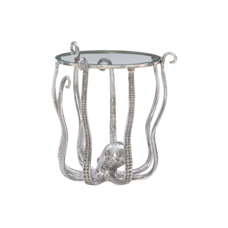 Maklaine Coastal Octopus Aluminum and Glass Table in Silver Finish