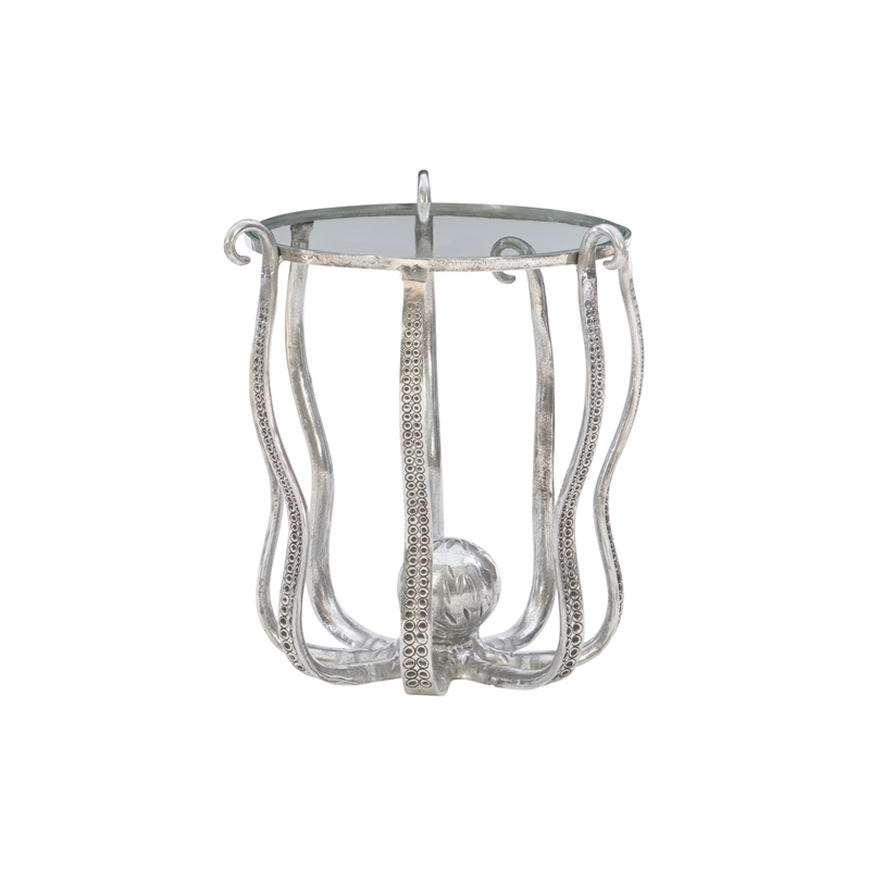 Maklaine Coastal Octopus Aluminum and Glass Table in Silver Finish