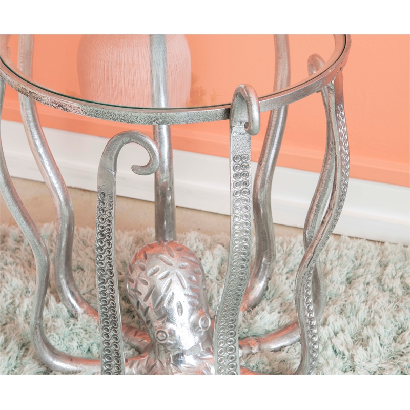 Maklaine Coastal Octopus Aluminum and Glass Table in Silver Finish