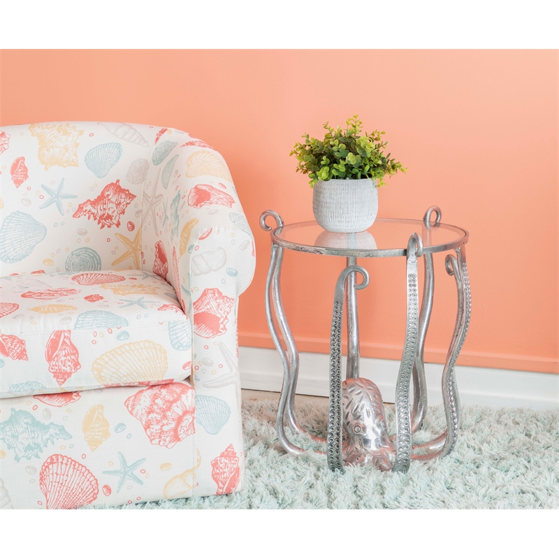 Maklaine Coastal Octopus Aluminum and Glass Table in Silver Finish