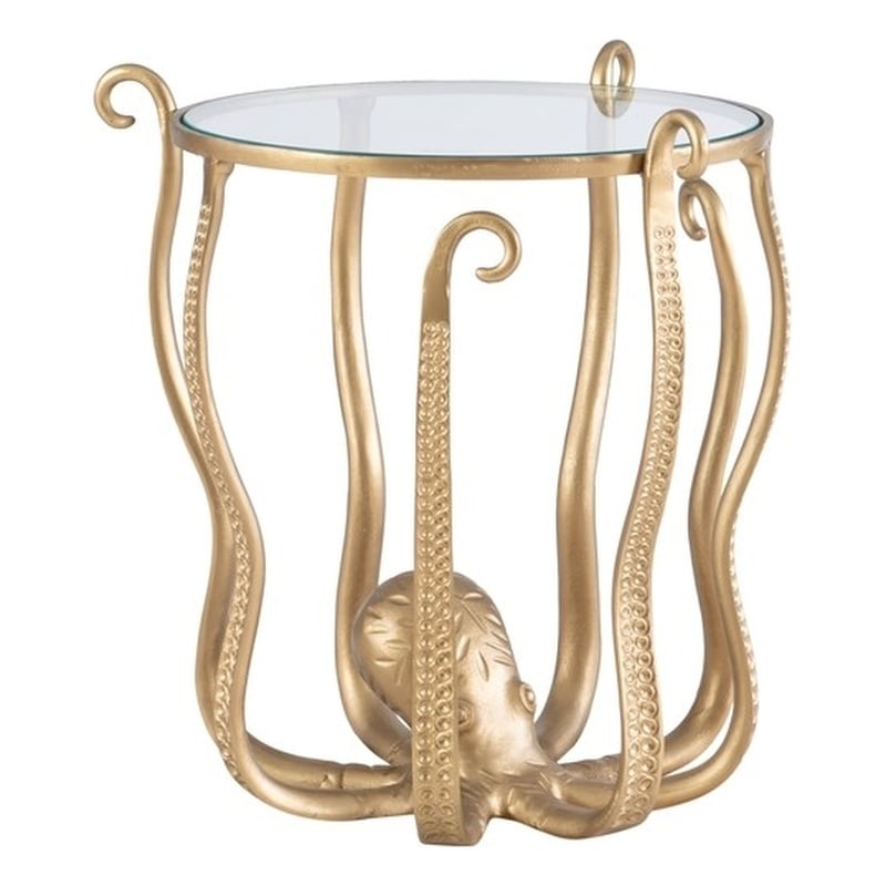 Maklaine Elegant Coastal Aluminum and Tempered Glass Octopus Table in Gold