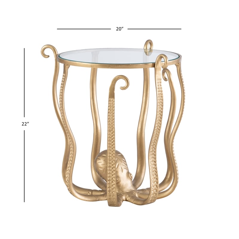 Maklaine Elegant Coastal Aluminum and Tempered Glass Octopus Table in Gold
