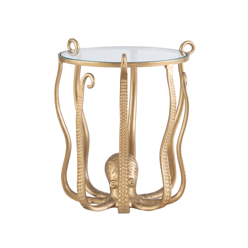 Maklaine Elegant Coastal Aluminum and Tempered Glass Octopus Table in Gold