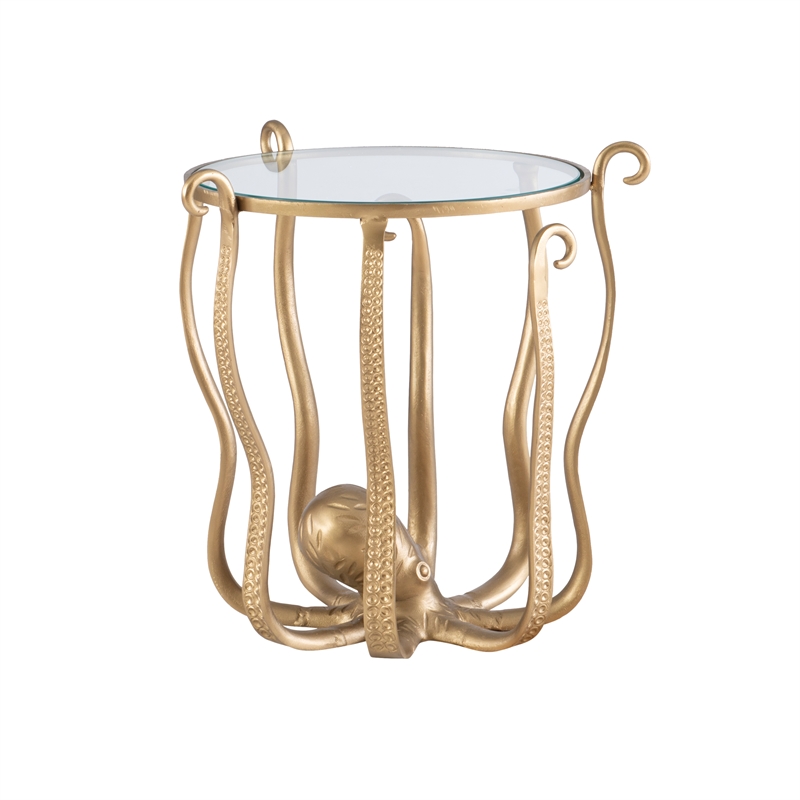 Maklaine Elegant Coastal Aluminum and Tempered Glass Octopus Table in Gold