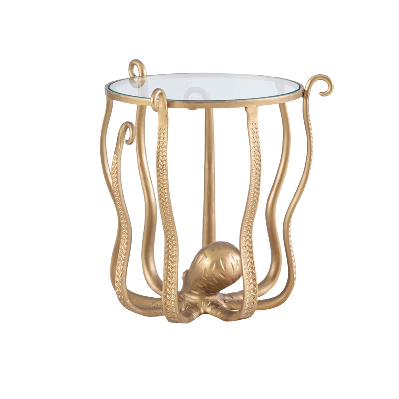 Maklaine Elegant Coastal Aluminum and Tempered Glass Octopus Table in Gold