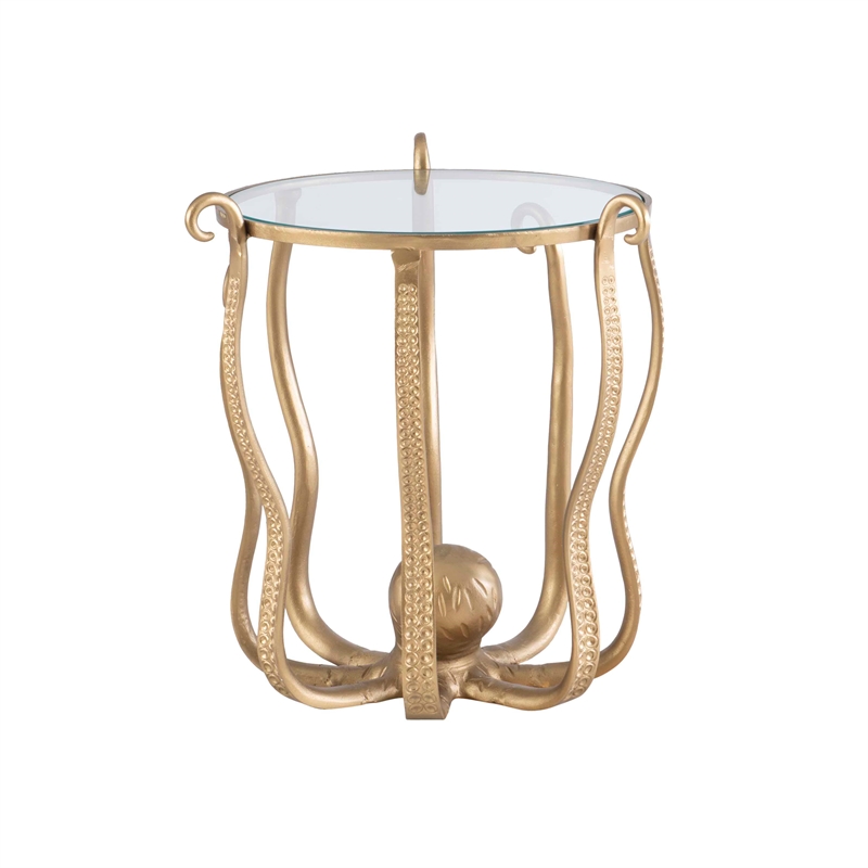 Maklaine Elegant Coastal Aluminum and Tempered Glass Octopus Table in Gold