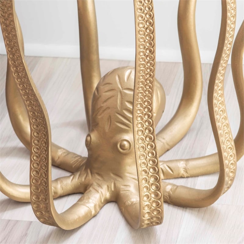 Maklaine Elegant Coastal Aluminum and Tempered Glass Octopus Table in Gold