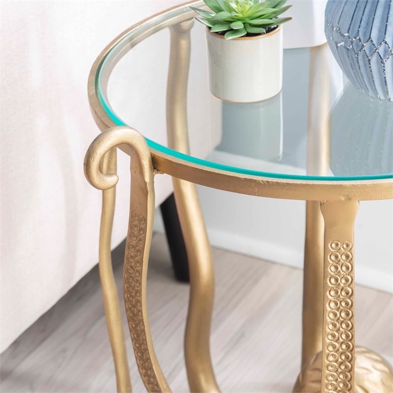 Maklaine Elegant Coastal Aluminum and Tempered Glass Octopus Table in Gold
