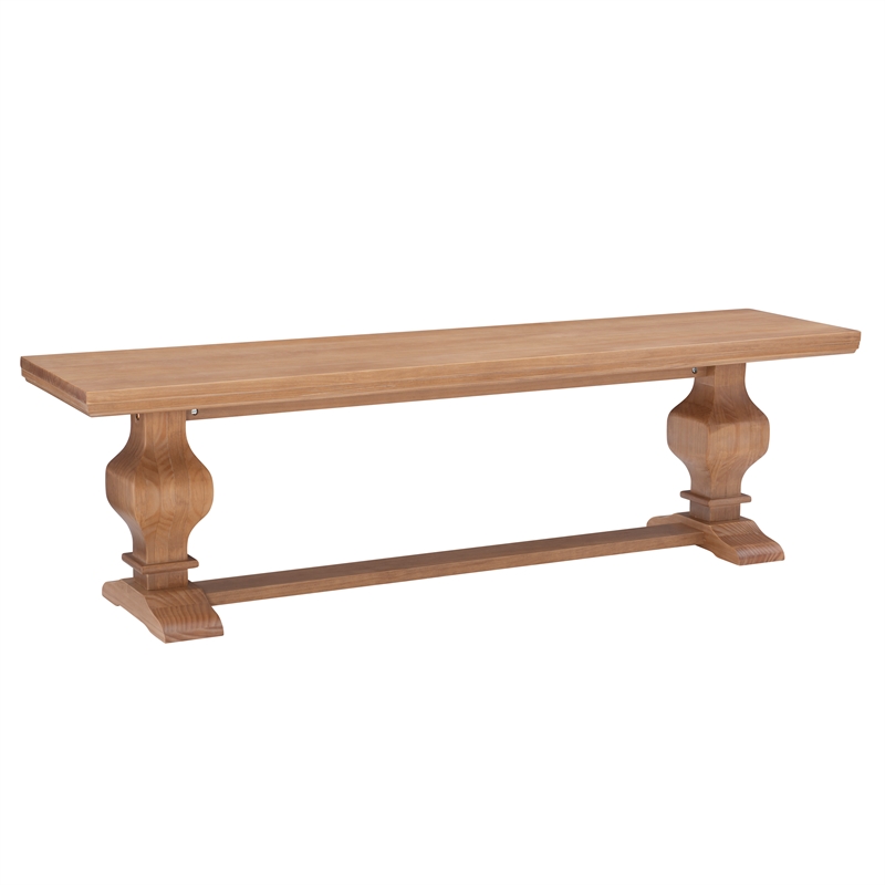 Maklaine Solid Pine Wood Double Pedestal Bench in Rustic Honey Brown