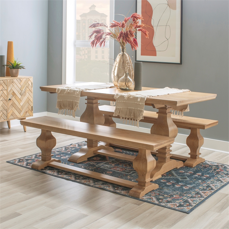 Maklaine Solid Pine Wood Double Pedestal Bench in Rustic Honey Brown