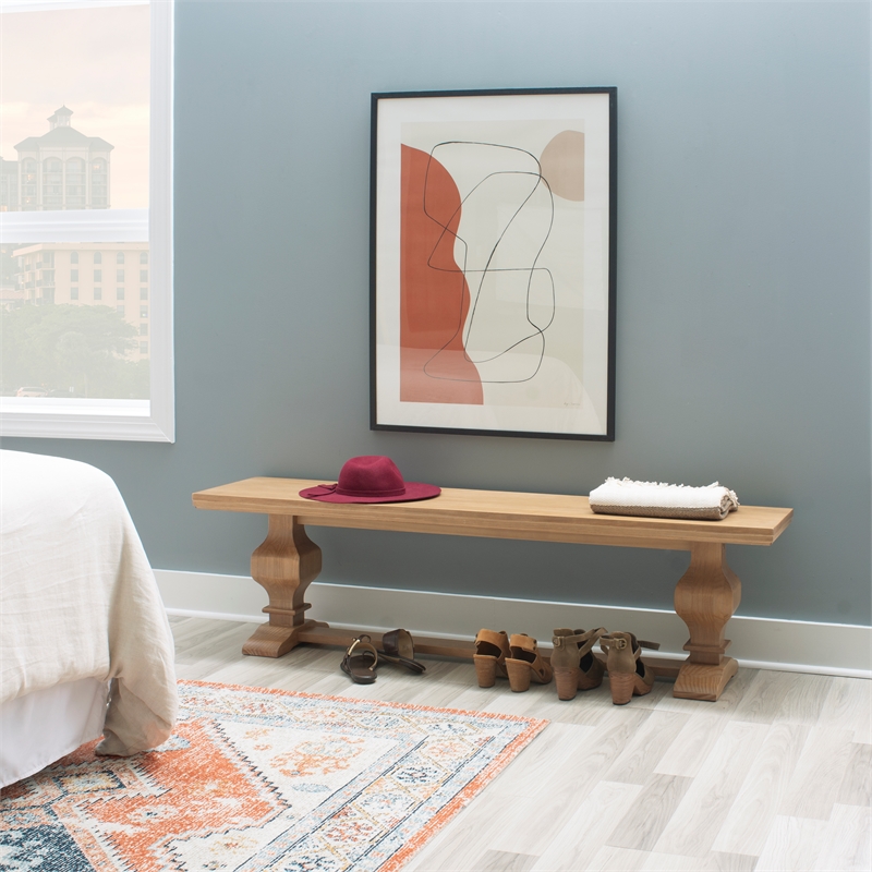 Maklaine Solid Pine Wood Double Pedestal Bench in Rustic Honey Brown