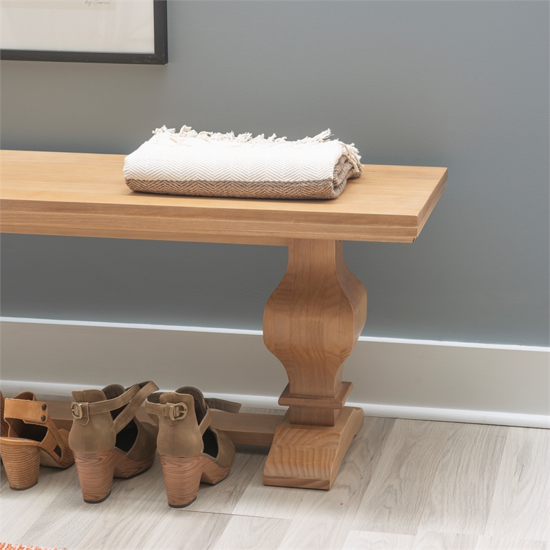 Maklaine Solid Pine Wood Double Pedestal Bench in Rustic Honey Brown