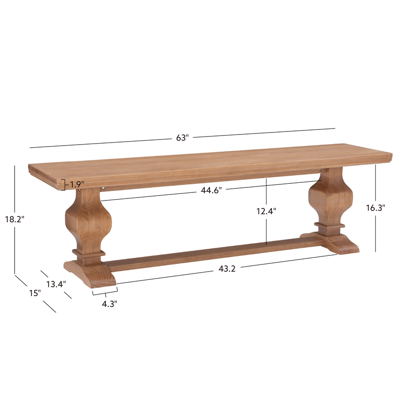 Maklaine Solid Pine Wood Double Pedestal Bench in Rustic Honey Brown